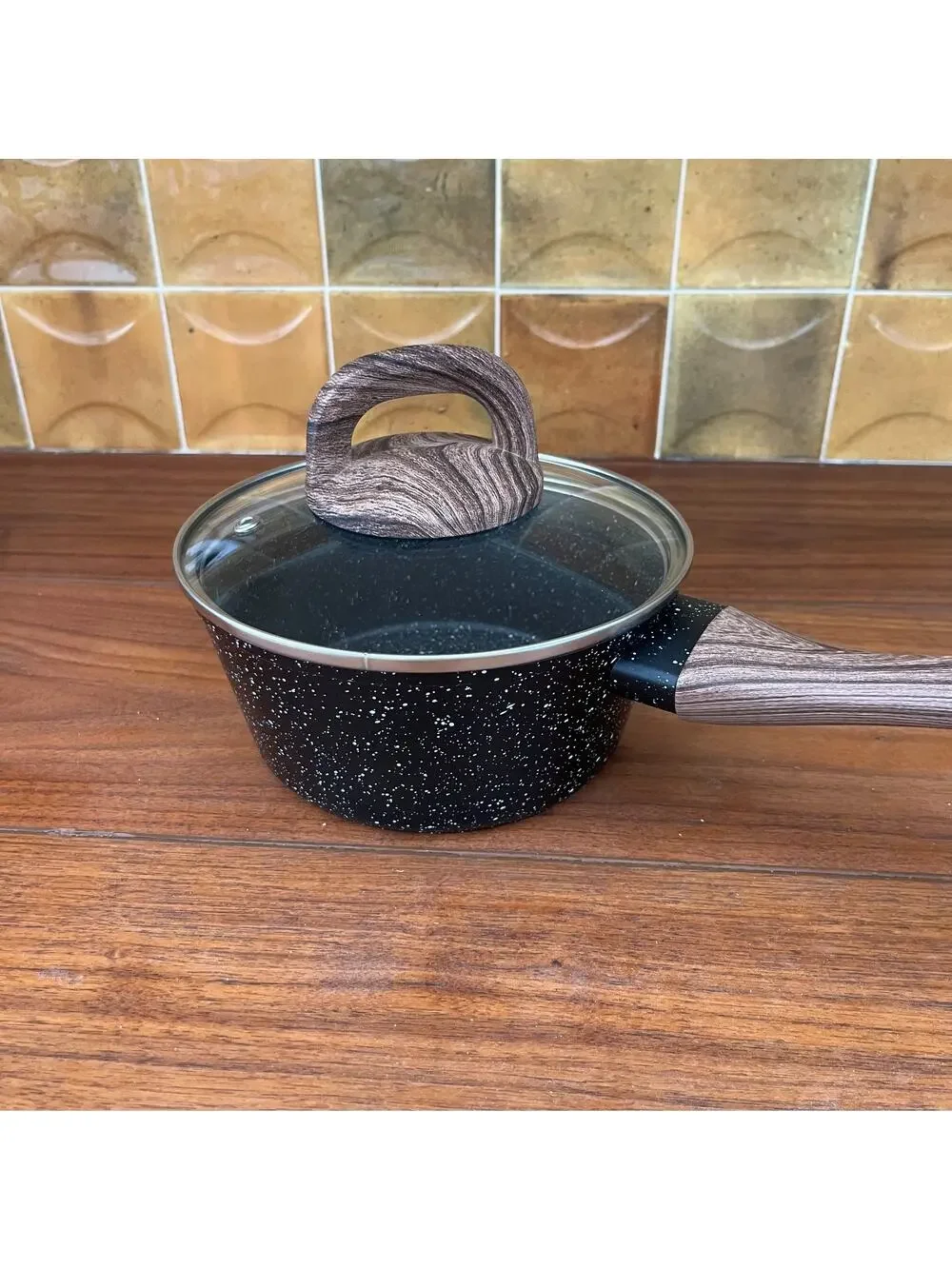 Black Speckled Aluminum Non-Stick 1.5 Quart Saucepan and Lid w/ Bakelite Handle